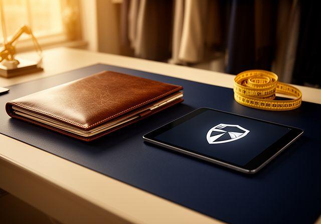 Luxury leather notebook and secure digital tablet in a designer atelier environment