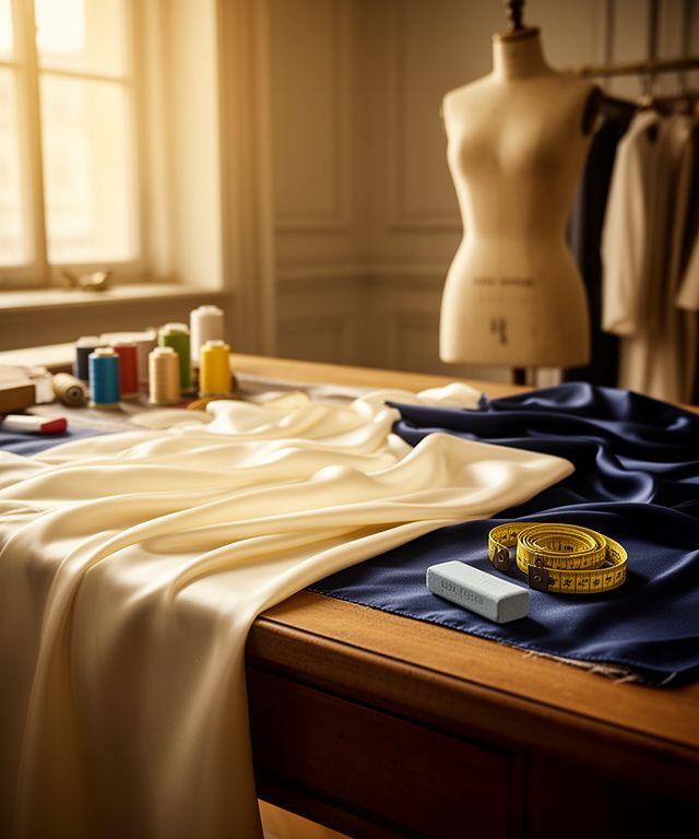 Interior of luxury bespoke couture atelier with silk fabrics
