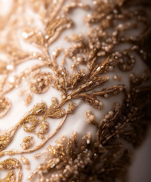 Close up of intricate gold embroidery on a silk gown