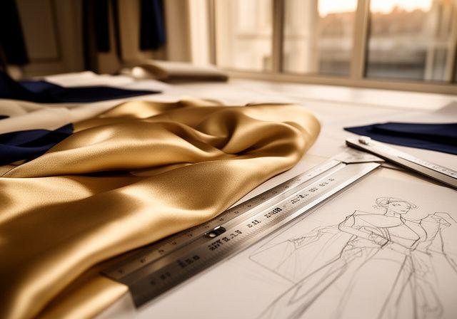 Silk fabrics and measuring tape in the Ignis Gown studio