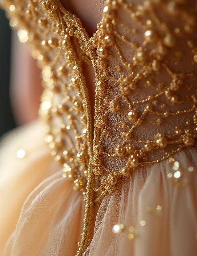 Intricate hand-stitched gold embroidery on a luxury silk evening gown